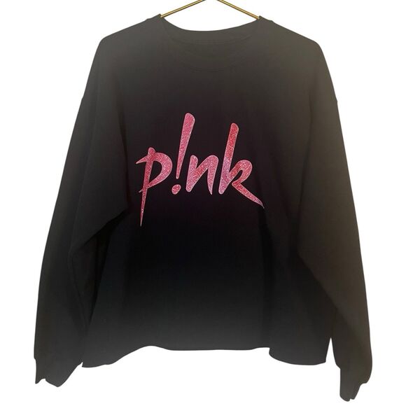 P!nk Black Graphic Sweatshirt Faux Glitter Logo Oversized Fit Unisex Pullover - Picture 1 of 6